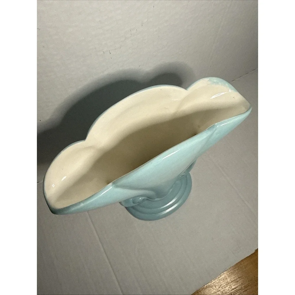 Vintage '72 Studio Art Deco Pottery Fan Vase Turquoise Scroll Handles Signed